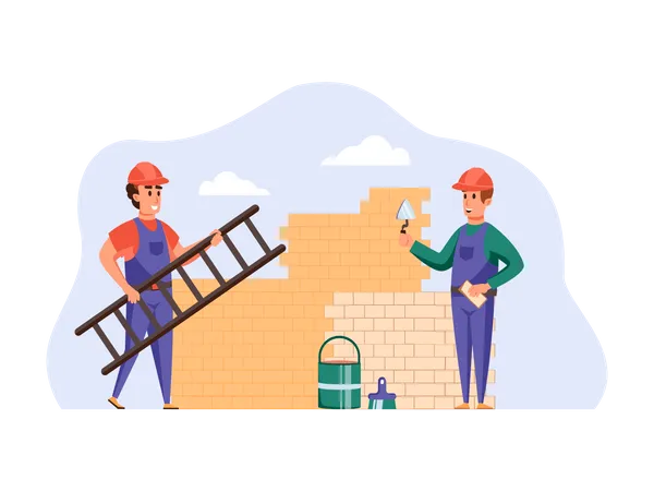 Construction workers building wall  Illustration