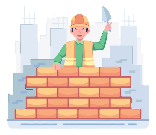 Construction workers building wall Illustration