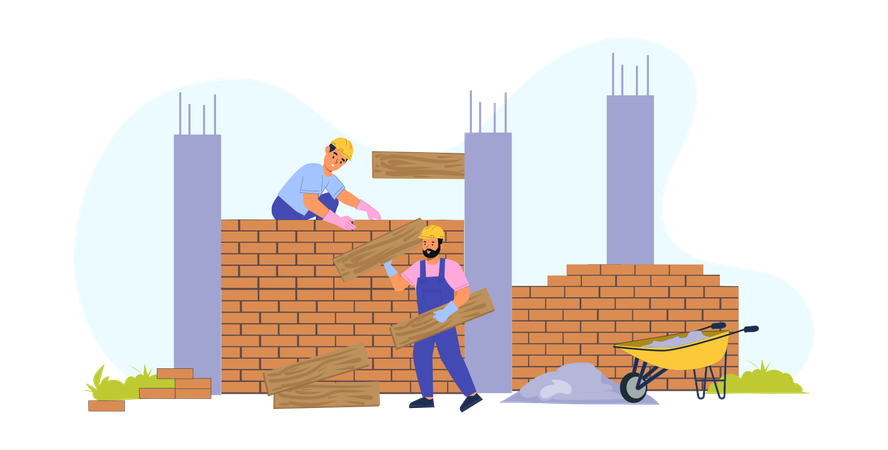 Construction Workers Building  Wall  Illustration