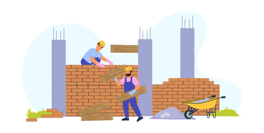 Construction Workers Building  Wall  Illustration