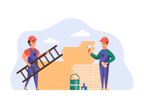 Construction workers building wall  イラスト