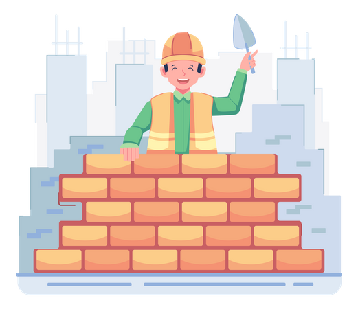 Construction workers building wall  イラスト