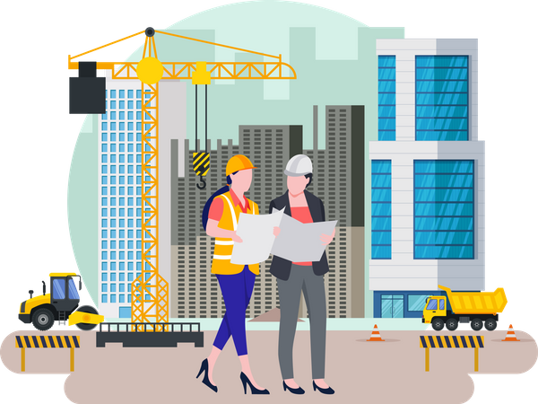 Construction workers checking building plan Illustration