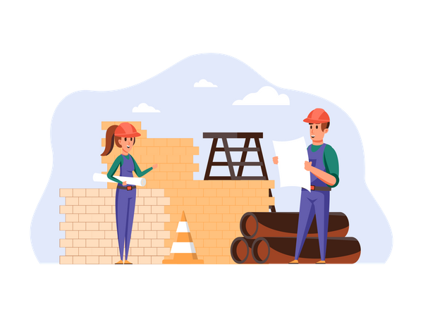 Construction workers checking building plan Illustration