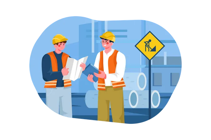 Construction workers checking building plan  Illustration