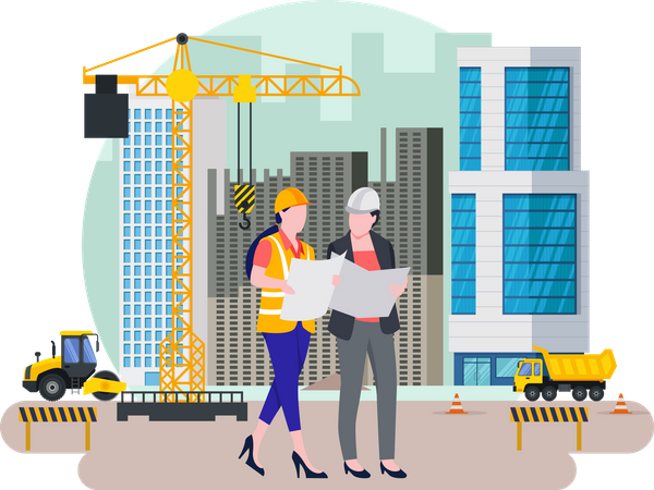 Construction workers checking building plan  Illustration