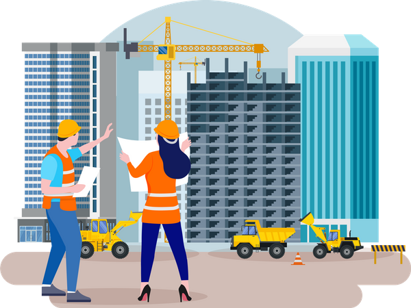 Construction workers checking building plan  Illustration