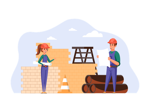 Construction workers checking building plan  Illustration