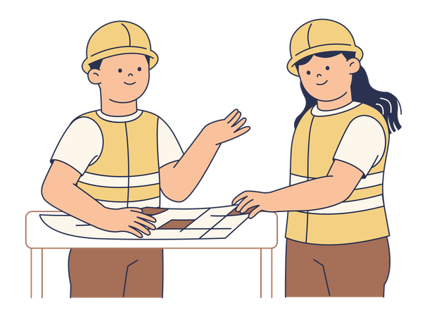 Construction Workers Discussing Blueprint  Illustration