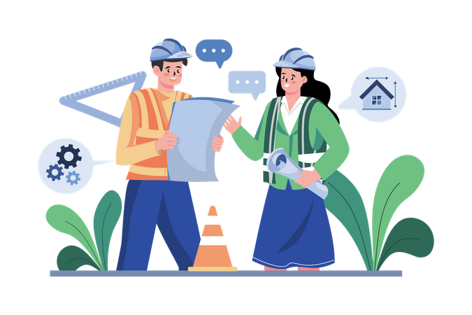 Construction Workers Discussing On Building Plan  イラスト