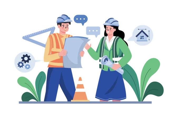 Construction Workers Discussing On Building Plan  Illustration