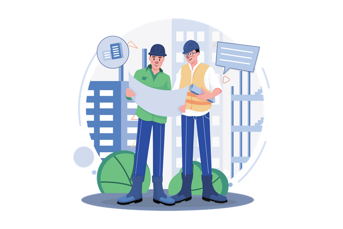 Construction Workers Discussing On Building Plan  Illustration