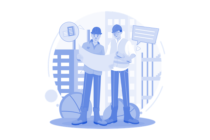 Construction Workers Discussing On Building Plan  Illustration