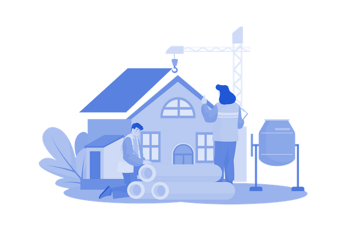 Construction workers installs new roof on house  イラスト