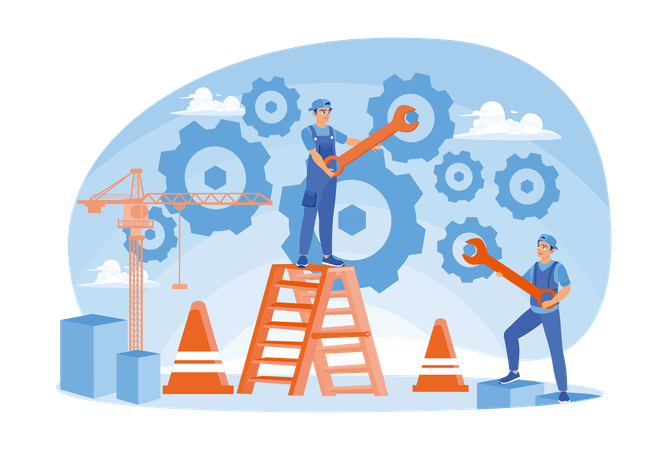 Construction workers make the entire repair mechanism  Illustration