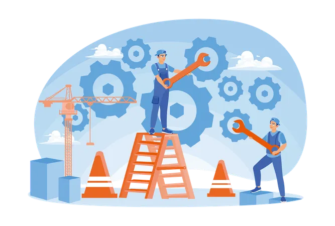 Construction workers make the entire repair mechanism  Illustration