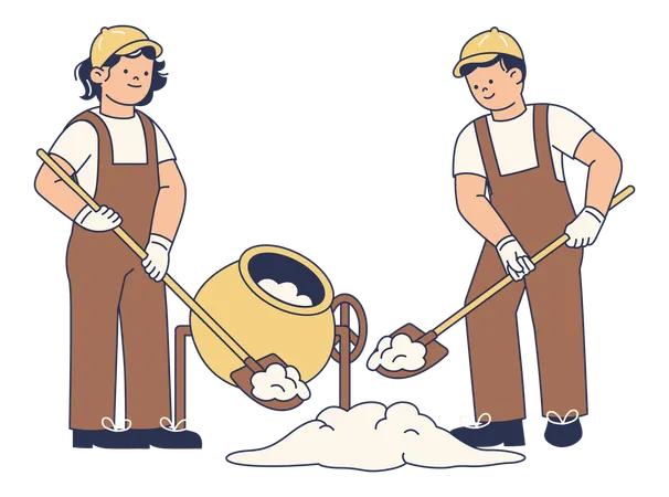 Construction Workers Mixing Concrete  Illustration
