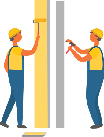 Construction Workers Painting and Drilling Walls  Illustration