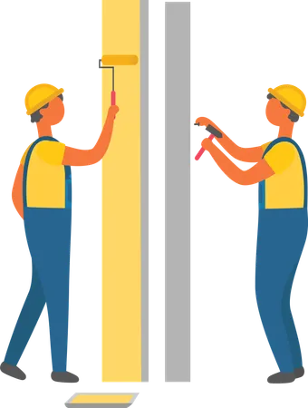 Repair Works Construction Workers Painting And Drilling Walls Vector Repairing Tools Roller And Drill With Screw Men In Hardhats And Overalls イラスト