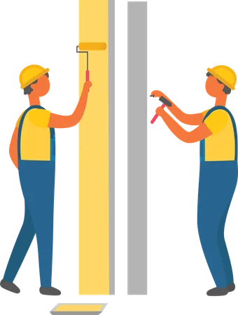 Construction Workers Painting and Drilling Walls  Illustration