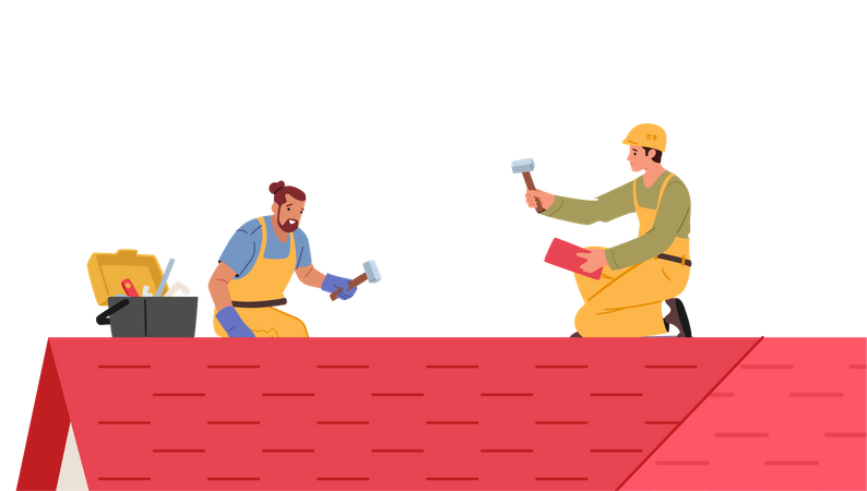 Construction workers repairing rooftop Illustration