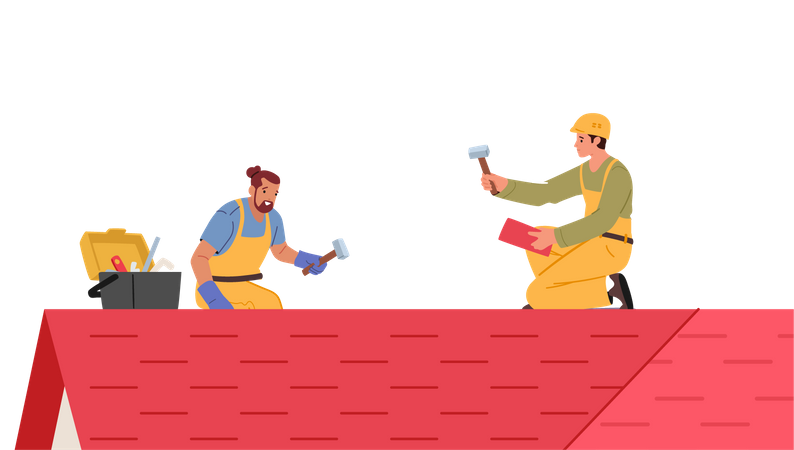 Construction workers repairing rooftop  Illustration