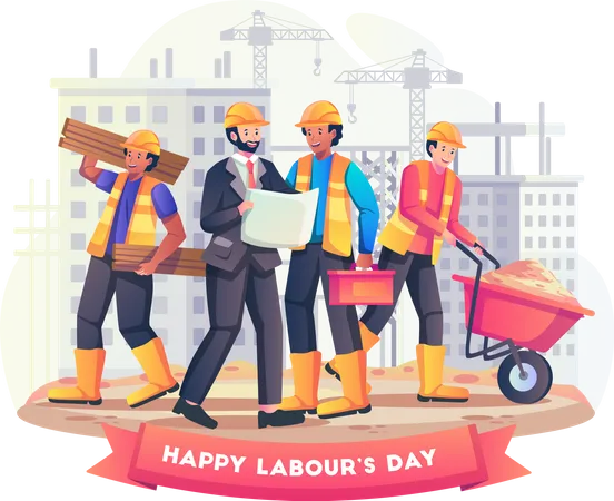 Construction Workers Working Together To Build A Building On 1 Th May Labour Day Flat Style Vector Illustration Illustration