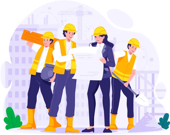 Construction workers working together to build a building  Illustration