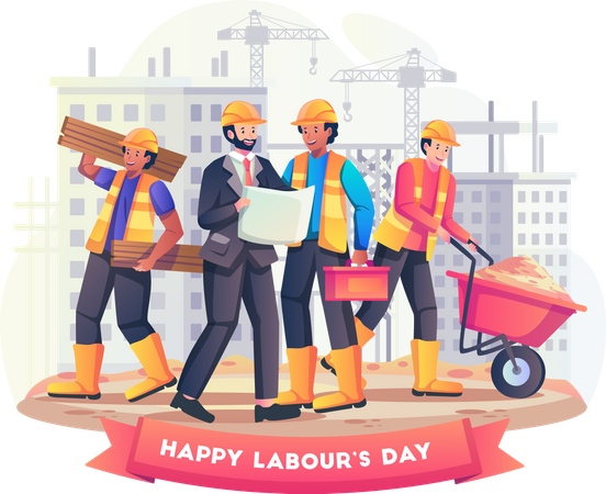 Construction workers working together to build a building  Illustration