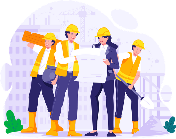 Construction workers working together to build a building  Illustration