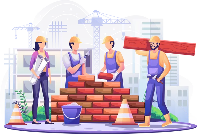 Happy Labour Day Construction Workers Are Working On Building In Labor Day On 1 Th May Flat Vector Illustration Illustration