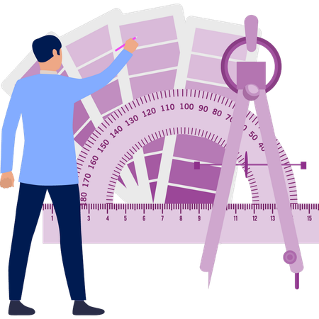 デザイナーの機器を説明する建設業者  イラスト