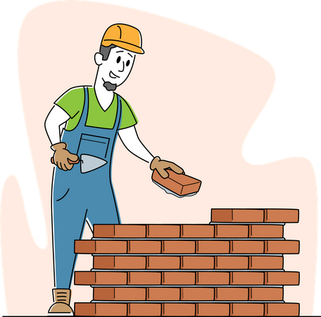 Personaje masculino constructor con casco y paleta uniforme que pone hormigón para colocar una pared de ladrillos en el sitio de construcción  Ilustración