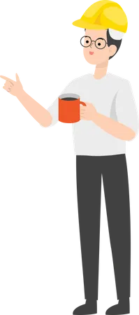 Constructor sosteniendo una taza de café  Ilustración