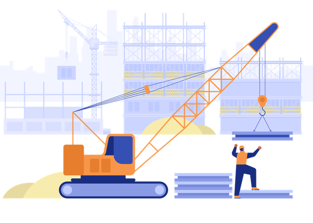 Constructor trabajando con grúa para levantar placas de metal.  Illustration