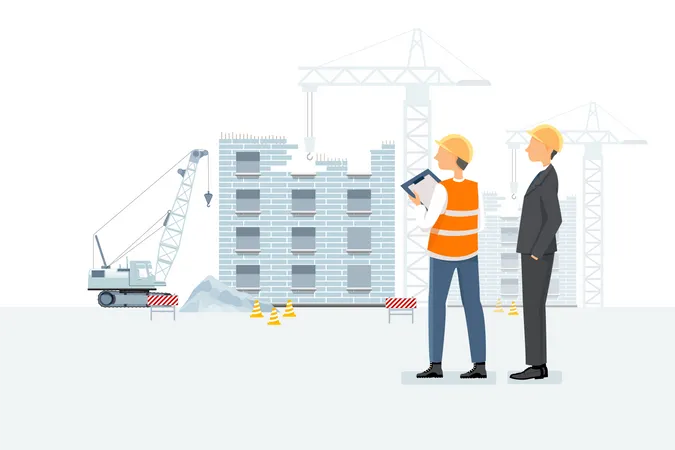 Constructor y trabajador de la construcción discutiendo el estado del trabajo  Ilustración