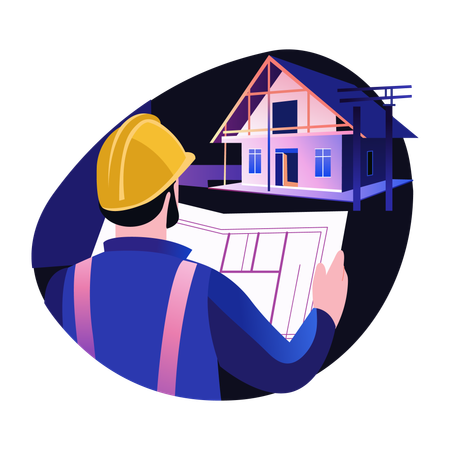 Construtor de casas verificando planta arquitetônica  Ilustração