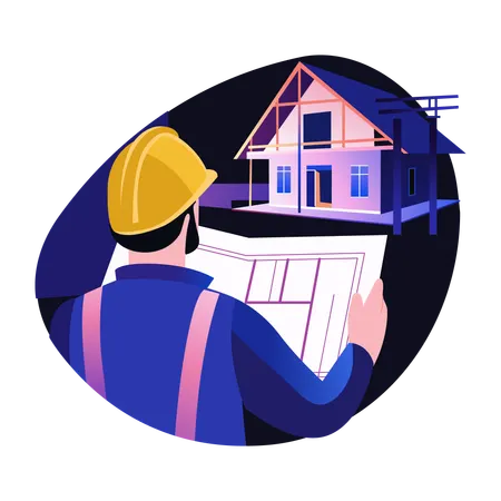 Construtor de casas verificando planta arquitetônica  Ilustração