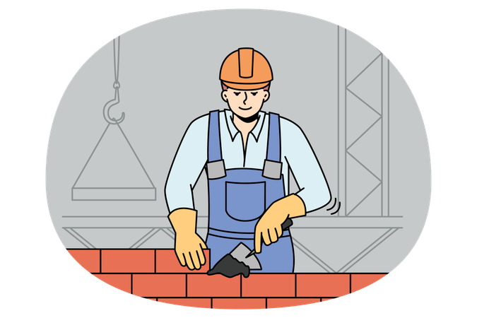 Construtor masculino de capacete e uniforme trabalhando em canteiro de obras  Ilustração