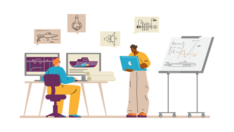 Construtores navais em computadores desenvolvem esquemas  Ilustração