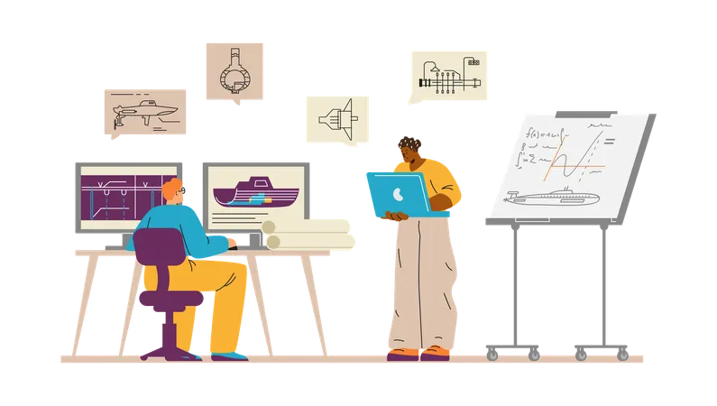 Construtores navais em computadores desenvolvem esquemas  Ilustração