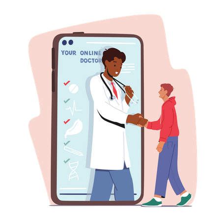 Consulta de medicina on-line à distância, tecnologia médica inteligente. Médico apertando a mão do paciente em um enorme celular  Ilustração