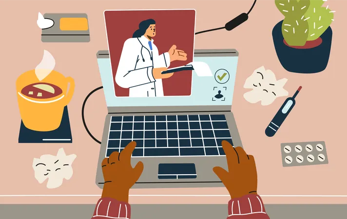 Consulta médica online na tela do laptop  Ilustração