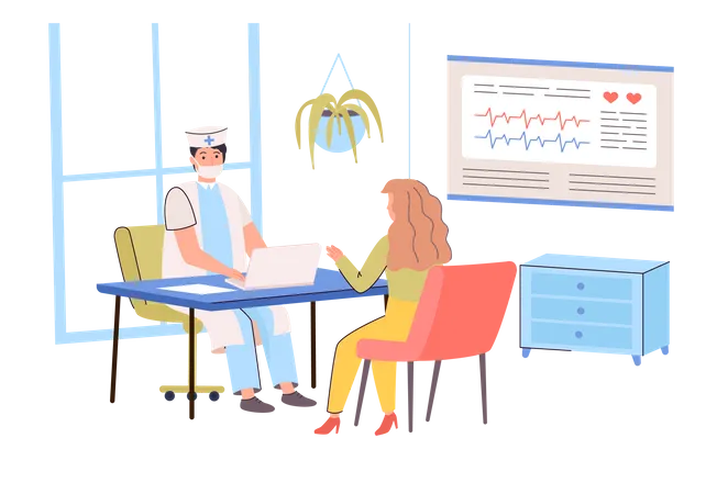 Concepto De Clinica Medica El Medico Consulta Al Paciente En El Consultorio Mujer Visitando A Su Terapeuta Para Un Examen Diagnostico Y Tratamiento De Enfermedades En El Hospital Ilustracion De Vector De Diseno Plano De Moda Ilustración
