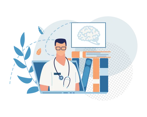 Concepto De Consulta En Linea Con Un Medico Especialista En Cerebro En Una Computadora Portatil Ilustración