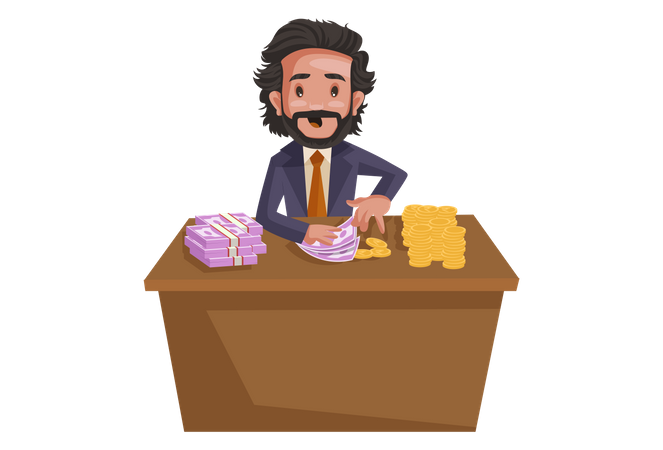 Consultant en investissement assis au bureau avec des roupies indiennes et des pièces d'or  Illustration