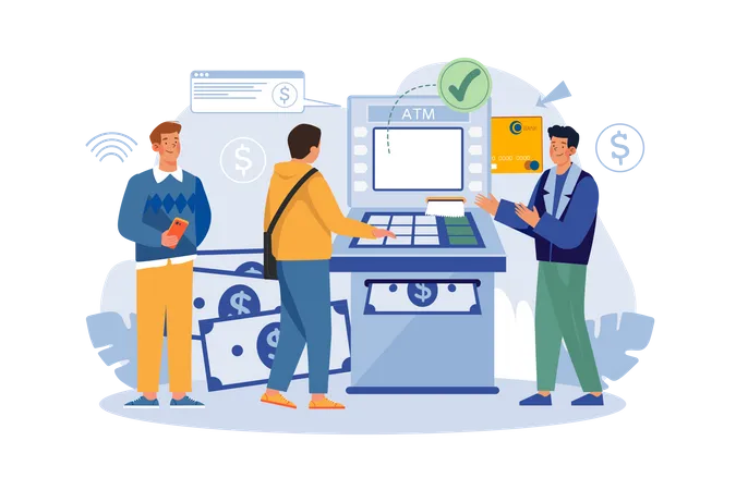 Consultant near Automated Teller Machine for Customers  Illustration