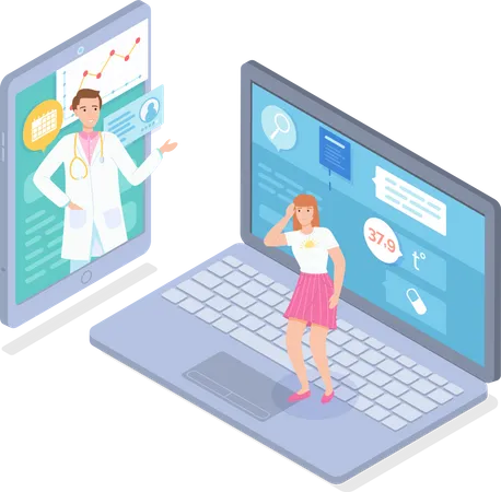 Consultation en ligne avec un médecin via un ordinateur portable  Illustration