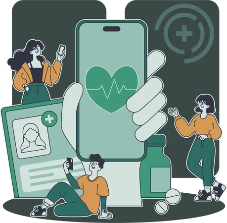 Des personnes consultant un médecin en ligne depuis leur mobile  Illustration