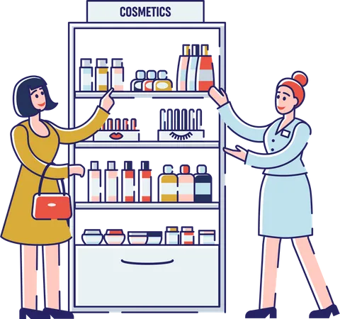 Consultor de consultor de vendas ao cliente sobre produtos cosméticos e ofertas especiais  Ilustração